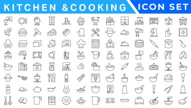 Kiechen ve Yemek Hattı simgeleri. Kaynama zamanı, kızartma tavası ve mutfak aletleri. Çatal, kaşık ve bıçak çizgisi simgeleri. Yemek tarifi kitabı, aşçı şapkası ve kesim tahtası. Yemek kitabı, kızartma zamanı, sıcak tava. Vektör