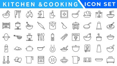 Kiechen ve Yemek Hattı simgeleri. Kaynama zamanı, kızartma tavası ve mutfak aletleri. Çatal, kaşık ve bıçak çizgisi simgeleri. Yemek tarifi kitabı, aşçı şapkası ve kesim tahtası. Yemek kitabı, kızartma zamanı, sıcak tava. Vektör
