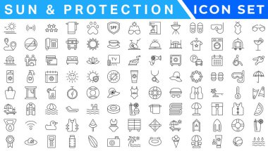 Güneş ve Koruma simgesi ayarlandı. Simgeler güneş kremi, morötesi, güneş gözlüğü, SPF koruması, şemsiye, güneş yanığı, şapka ve daha fazlasını içerir. Düzenlenebilir felç. vektör illüstrasyonu 
