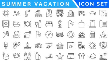Yaz tatili ikonu seti. Tatil ikonları: seyahat, sahil, sörf, otel, turizm, manzara, kamera, pasaport, dondurma ve daha fazlası. Düzenlenebilir satır simgeleri. Vektör illüstrasyonu. 