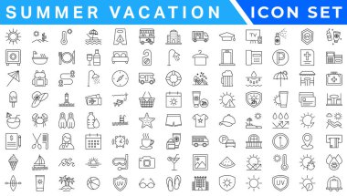 Yaz tatili ikonu seti. Tatil ikonları: seyahat, sahil, sörf, otel, turizm, manzara, kamera, pasaport, dondurma ve daha fazlası. Düzenlenebilir satır simgeleri. Vektör illüstrasyonu. 