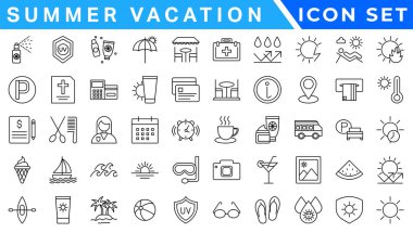 Yaz tatili ikonu seti. Tatil ikonları: seyahat, sahil, sörf, otel, turizm, manzara, kamera, pasaport, dondurma ve daha fazlası. Düzenlenebilir satır simgeleri. Vektör illüstrasyonu. 