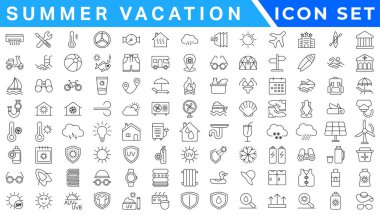 Yaz tatili ikonu seti. Tatil ikonları: seyahat, sahil, sörf, otel, turizm, manzara, kamera, pasaport, dondurma ve daha fazlası. Düzenlenebilir satır simgeleri. Vektör illüstrasyonu. 