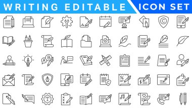 Düzenlenebilir Simgeler Yazılıyor. Metinle ilgili simgelerin modern ince satır biçimi ile vektör illüstrasyonu: belgeler, araçlar, edebiyat ve daha fazlası. Mobil uygulamalar için piktografikler ve bilgi grafikleri.
