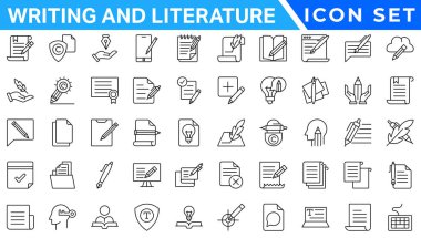 Yazma ve edebiyat modası simgeleri asgari düzeyde. İçinde sayfa, kitap, kalem, el yazısı, yaratıcılık, sanat ve daha fazlası var. İnce bir dizaynda UI simgesi ayarlandı. Asgari doğrusal simgeler.