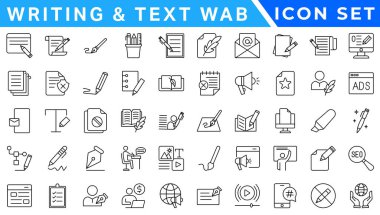 Satır düzenlenebilir simge seti yazılıyor. Yazı, kalem, not, kalem, düzenleme, yazar, belge, metin ve daha fazlasını içerir. Düzenlenebilir Vuruş. Vektör illüstrasyonu.