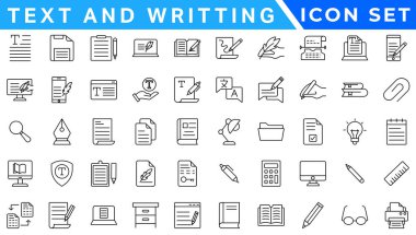 Satır biçiminde metin ve yazı simgeleri. Kelimeler, okuma, metin yazma, koleksiyon. Vektör illüstrasyonu.