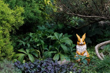 Süslü bitkiler ve bahçe dekoru tavşanı