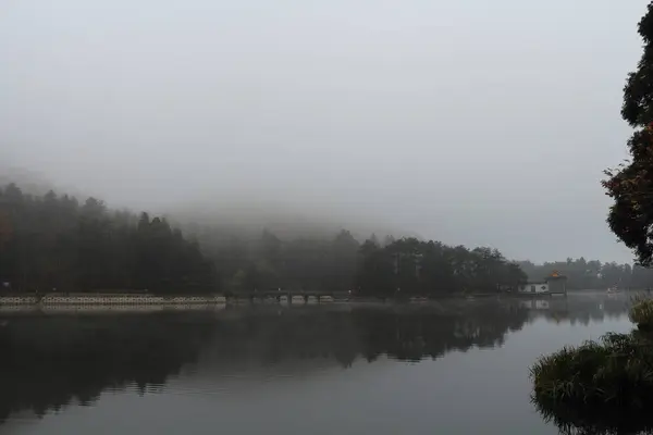 Sakin bir göl, sessiz bir sabahın sisini ve sisini yansıtır. Ağaçlar kıyı boyunca uzanırken, küçük bir bina sislerin arasından bakıyor ve huzurlu atmosferi güçlendiriyor..