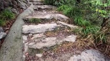 Yeşillik ve doğal kaya oluşumlarıyla çevrili engebeli bir yürüyüş yolundan geçiyoruz. Yol, açık hava meraklılarına bir macera ve sükunet karışımı sunuyor..