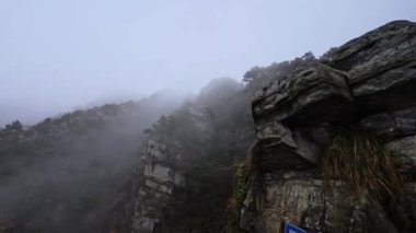 Sis, bir dağ sırasının kayalık uçurumlarını örtüyor ve sakin bir atmosfer yaratıyor. Etrafındaki ağaçlar sislerin içinde kayboluyor, şafak vakti huzurlu ortamı güçlendiriyor..