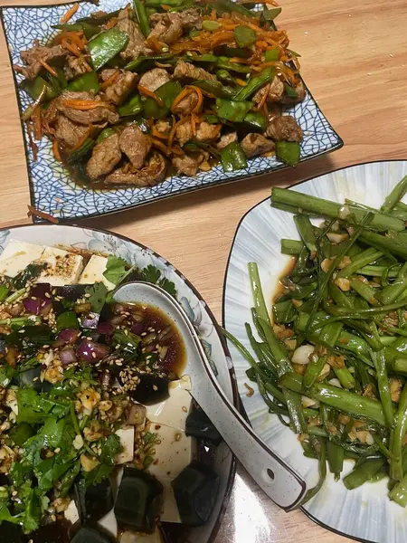 Canlı bir ev yemeği çeşidi. Karıştırılmış et ve sebzeler, lezzetli tofu salatası ve kızarmış taze fasulye. Yemek taze malzemeler ve renkli sunumları vurguluyor.