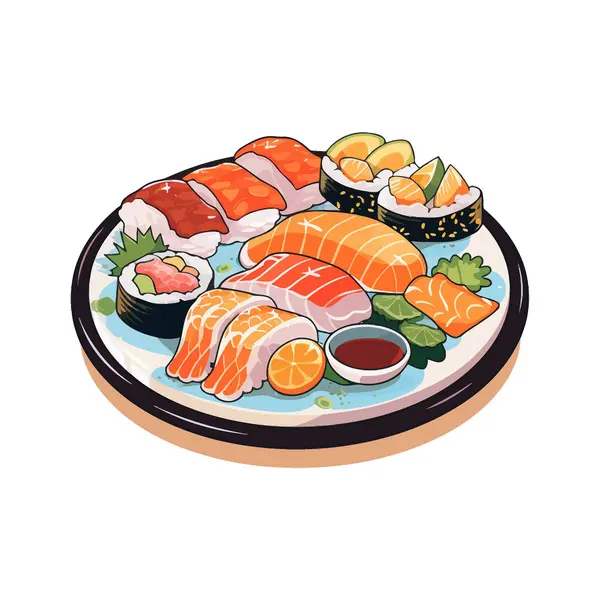 Nigiri ve Rolls Vector İllüstrasyonlu Suşi Tabağı