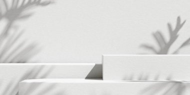 Kürsüde doğal beyaz yapraklar ve arka planda beyaz podyum var. Minimum konsept. 3d oluşturma.