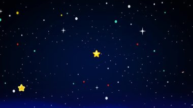 2D animasyon karikatür arka plan görüntüsü. Gece gökyüzü fantezi yıldızlarıyla dolu. Kamera aşağı eğildiğinde ve gece evlerin ışıkları yanarken şehir. 4K çözünürlüğü.