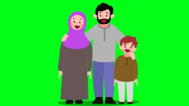 Çizgi film karakterleri erkek, kadın, ebeveyn, çocuk ve çocuk el ele tutuşarak şarkı söylüyor ve birbirleriyle konuşuyorlar. Yeşil ekran krom anahtarıyla. 4K çözünürlüğü.