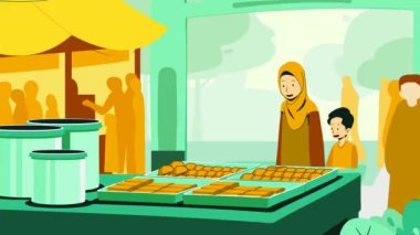2D animasyon çizgi filmi Fakir ve muhtaç karakterler, kadınlar ve çocuklar, açık büfeye ya da halka açık yiyeceklere yeşil ekran krom anahtarıyla bakıyorlar. 4K çözünürlüğü.
