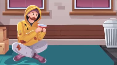 2D animasyon çizgi film aç ve caddenin köşesinde oturan fakir ve muhtaç bir adamın karakterine yemek yediriyor. Sokak arka planında. 4K çözünürlüğü.