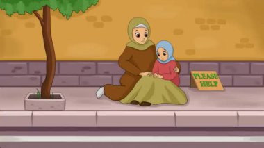 2D animasyon çizgi film, fakir ve muhtaç bir kadın ve caddenin köşesinde oturan ve aç olan çocuğuna yemek yediriyor. Yeşil ekran krom anahtarıyla. 4K çözünürlüğü.