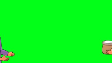 2 boyutlu çizgi film. İki adam birbiriyle tanışır ve biri diğerine bir torba yemek verir ve yeşil ekran kroma anahtarıyla onu mutlu eder. 4K çözünürlüğü.