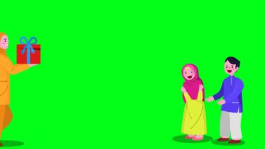 2D animasyon çizgi filmi mutlu bir kız bebek ve erkek çocuk ergenler yeşil ekran kroma anahtarıyla doğum günü partisinde annelerinin hediyesini bekliyorlar. 4K çözünürlüğü.