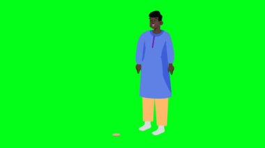 Müslüman erkek karakter, İslam dini için dua eden 2D animasyon çizgi filmi. Yeşil ekran krom anahtarıyla. 4K çözünürlüğü.
