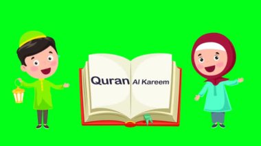 2 d animasyon Müslüman erkek ve kız karakterler, Kuran 'ları var ve bizimle yeşil ekran krom anahtarıyla konuşuyorlar. 4K çözünürlüğü.