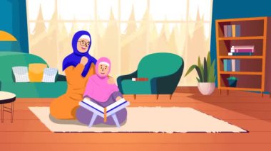2D çizgi film kadın karakterleri. Ana ve kızı müslüman olup Kuran 'ı evde veya mescitte birlikte okumuşlardır. 4K çözünürlüğü.