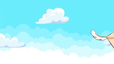 2D animasyon karikatür kanatlı kağıt zarf uçar ve gökyüzündeki ışığa doğru gider ve doğanın arka planındaki bulutların arasında. 4K çözünürlüğü.