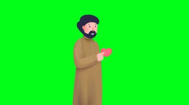 2D animasyon çizgi film. Elinde kalp çıkartması olan ve yeşil ekran kroma anahtarıyla bisiklet döngüsünde yürüyen bir adam karakteri. 4K çözünürlüğü.