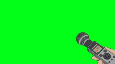2d animasyon çizgi filmi A el, elinde mikrofon ve kayıt cihazıyla kareye giriyor ve yeşil ekran kroma anahtarıyla ses kaydediyor. 4K çözünürlüğü.
