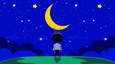 2D çizgi film karakteri arkası bize dönük ve gece gökyüzünde Ay 'a bakan ellerini kaldırıp dua eden bir çocuk. 4K çözünürlüğü.