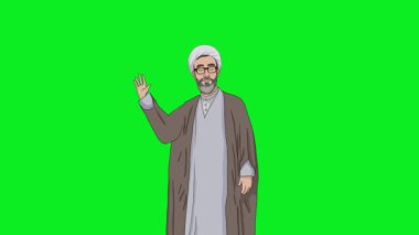 2D animasyon insan karakteri İslami Şeyh yürüyor, konuşuyor ve yeşil ekran kroma anahtarıyla öğretiyor. 4K çözünürlüğü.