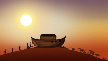 Nuh 'un Sunset arka planındaki tepede inşa ettiği Nuh' un Nuh 'un gemisine giren insanların ve hayvanların animasyon arka planı. 4K çözünürlüğü.