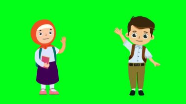 2D animasyon çizgi film çocuğu ve kız öğrenci karakterleri yeşil ekran krom anahtarıyla el sallıyorlar. 4K çözünürlüğü.
