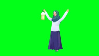 2d animasyon çizgi film döngüsü yürüyen Müslüman kadın ve kız karakter yeşil ekran krom anahtarlı İslami tesettüre sahip. 4K çözünürlüğü.