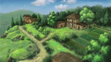 Yürürken ve doğadaki köy evine dönerken sürülerin 2D animasyonu. 4K çözünürlüğü.