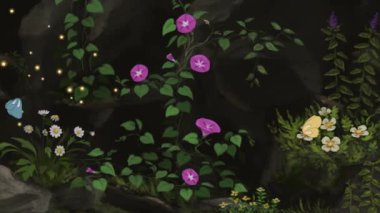 Çiçekler arasında doğadaki iki güzel renkli kelebeğin 2D animasyonu. 4K çözünürlüğü.