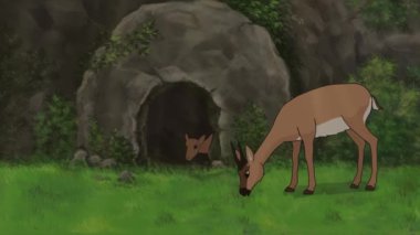 Doğada yüksek kalitede yürüyen bir çift güzel geyiğin 2D animasyonu. 4K çözünürlüğü.
