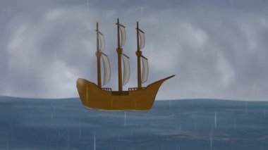 Fırtınalı okyanus, deniz ve gök gürültülü havada hareket eden geminin 2D animasyonu. 4K çözünürlüğü.