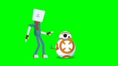 Karlı doğada yürüyen bir insan ve yuvarlak bir uzay robotu. yeşil ekran arkaplan krom anahtarıyla.