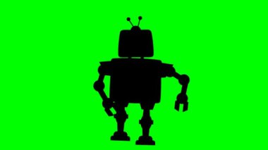 Siyah bir robotun 2D animasyon karakteri elini kaldırıp güle güle diyen bir döngü içinde yürüyor. yeşil ekran arkaplan krom anahtarıyla.