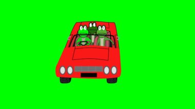 2D animasyon karakteri A Red Car önde ya da caddede üç kurbağanın oturduğu yerden hareket ediyor ve sürüyor. yeşil ekran arkaplan krom anahtarıyla.