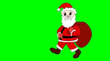Beyaz sakallı, kırmızı elbiseli, şapkalı ve sırtında bir çanta dolusu hediye taşıyan Noel Baba karakterini canlandırdı. yeşil ekran arkaplan krom anahtarıyla.