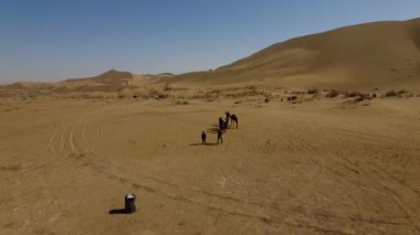 İnsanlar çölde kum tepelerinde eğleniyor. Off-road sürüşü. Develer. tırmanıyor.