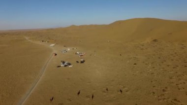 İnsanlar çölde kum tepelerinde eğleniyor. Off-road sürüşü. Develer. tırmanıyor.