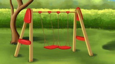 Kırmızı salıncaklı ve ahşap salıncaklı çocuk parkı. 3d oluşturma