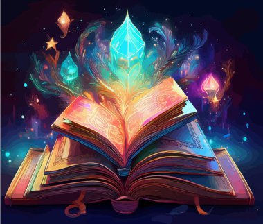 Sihirli bir kitap. Sihirli yıldızlı sihirli kitap. parlak, kırmızı, yeşil ve mavi.