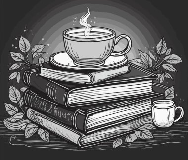 Bir fincan kahvenin vektör çizimi ve siyah arkaplan üzerine kitap yığını.