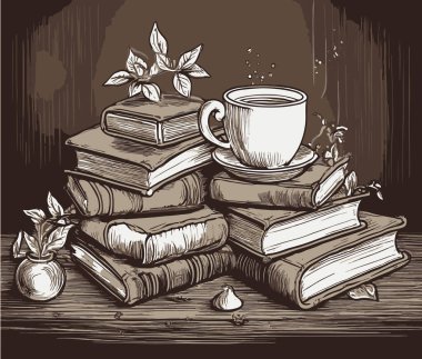 Kahve kupası, bir yığın kitap, kahve çekirdeği, klasik vektör illüstrasyonu.